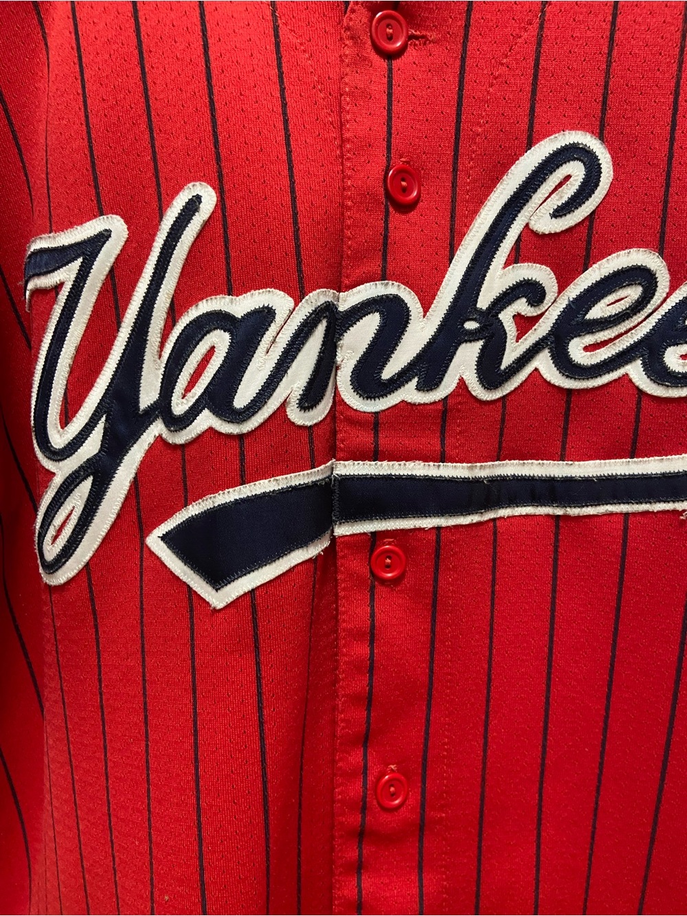 Yankees Red Pinstripe Button-Up Jersey By Majestic Sz Large - Picture 2 of 6